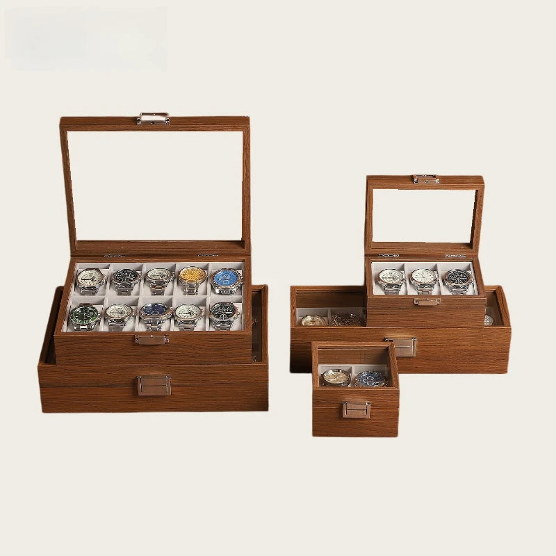 Wood-Grain Watch Display Box with Multiple Grid Options
