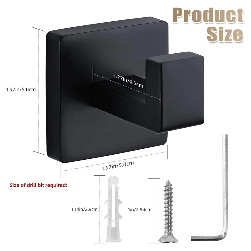Matte Black Towel Hook Stainless Steel Heavy Duty Wall Mounted Robe Coat Hooks Bathroom Kitchen Closet Square Modern Rack