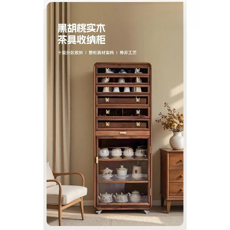 North American black walnut solid wood dental cabinet teacup tea set storage modern light luxury floor-to-ceiling cabinet