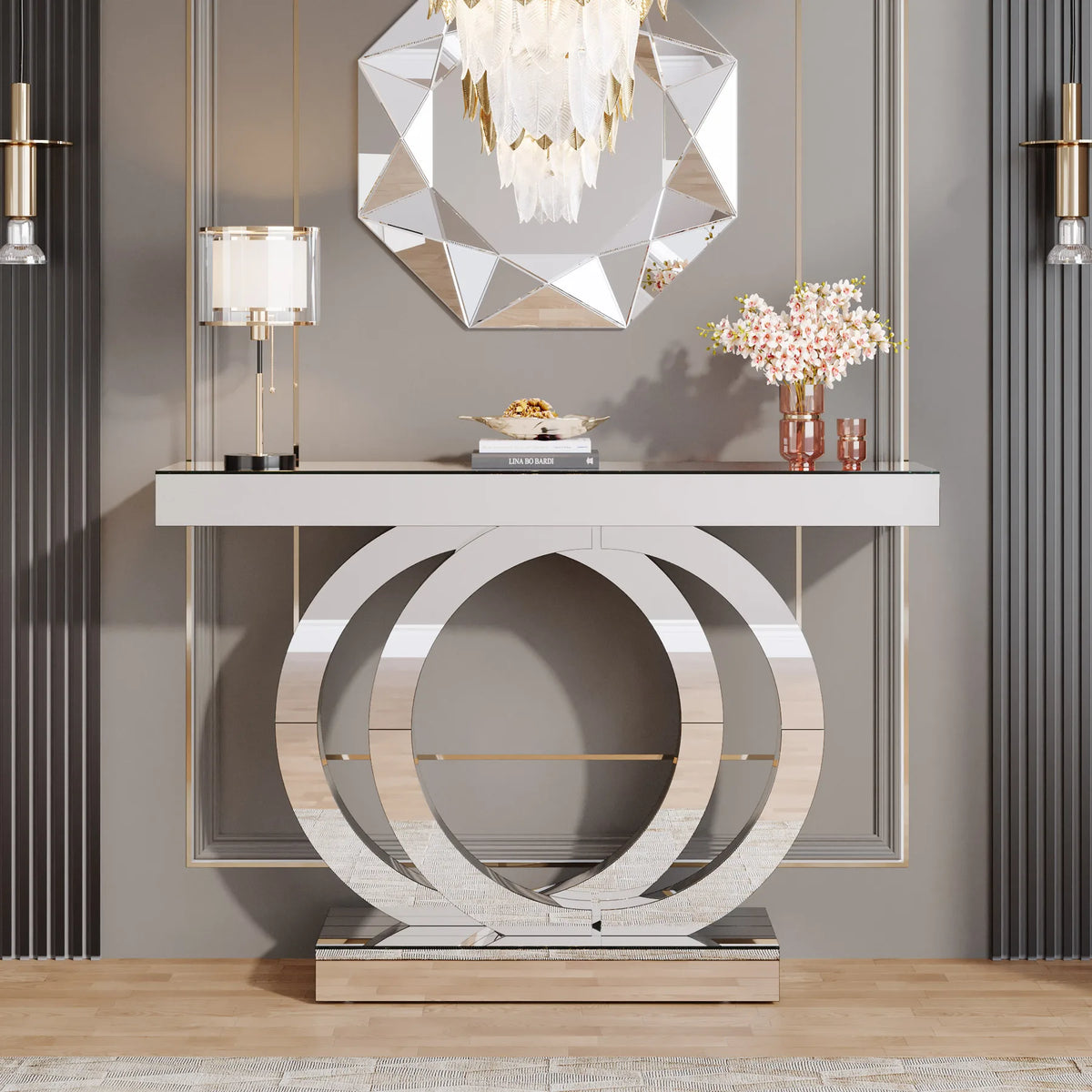 Silver Mirrored Console Table with O-Shaped Base