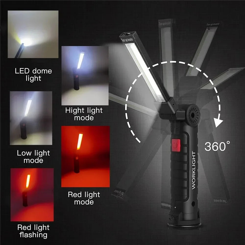 Folding COB LED Work Light - USB Rechargeable Magnetic Inspection Lamp with Hook