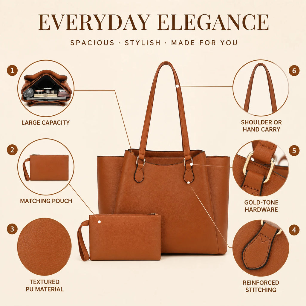 Faux Leather Tote Bag - 13.5" Laptop Work Bag with Pouch