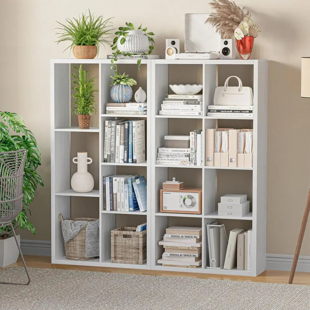 11 Inch Open Back Cube Bookcase with Thickened Border - White, 8 Cubes for Home or Office Display