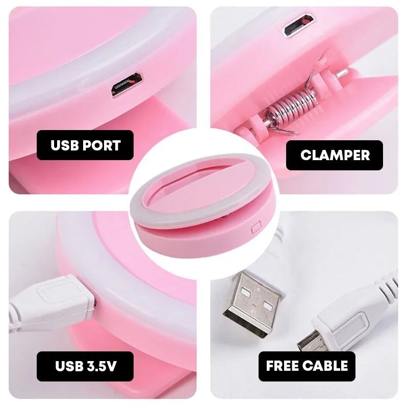 USB Clip-On Selfie Ring Light - 3 Brightness Levels for Phone & Tablet