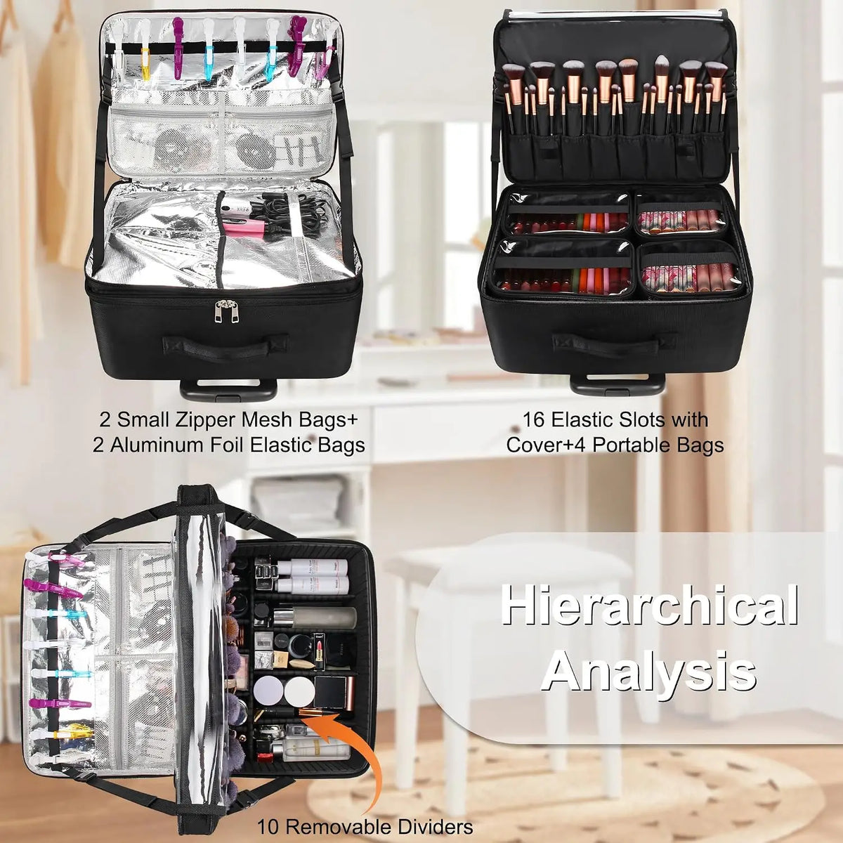 Extra Large Rolling Makeup Train Case | 3-Layer Travel Organiser with 360° Wheels, Insulation Compartment & 4 Clear Bags