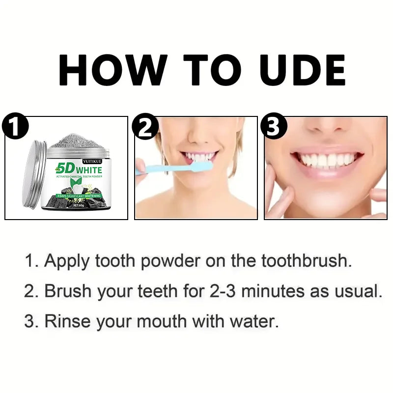 YUlTlKUE 5D White Activated charcoal Tooth Powder Natural Teeth Whitening Oral Care Fresh Breath 60g