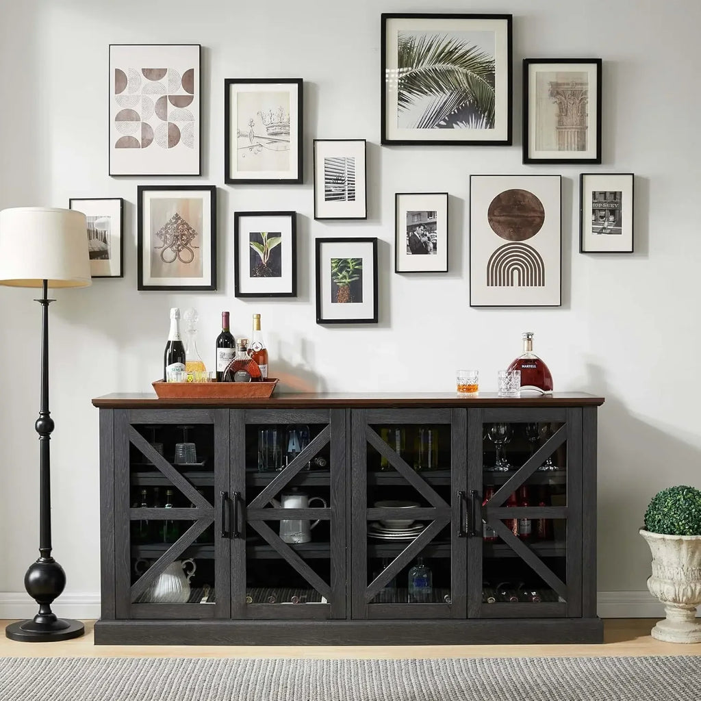 Rustic Buffet Sideboard with 4 Glass Doors & Adjustable Shelves