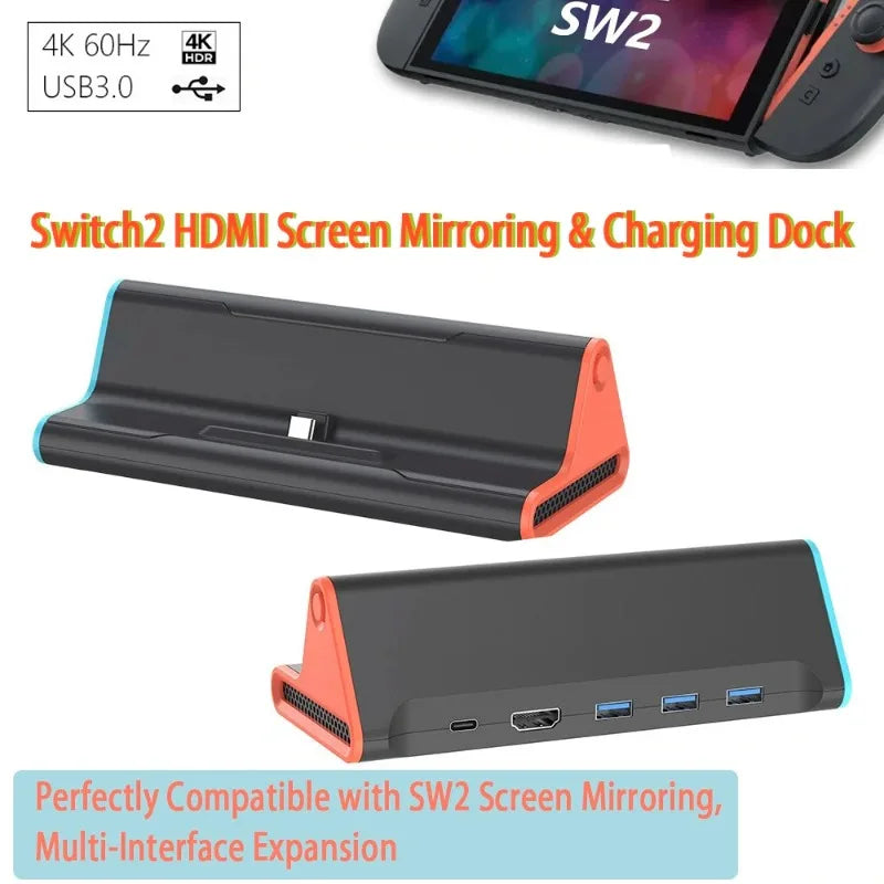 4K HDMI Docking Station for Switch 2, USB-C Male Portable Dock with 60Hz Projection & Charging, HD Video Output to TV