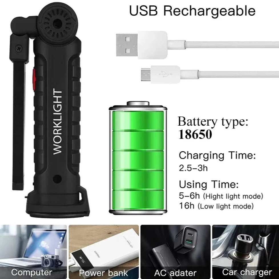 Folding COB LED Work Light - USB Rechargeable Magnetic Inspection Lamp with Hook