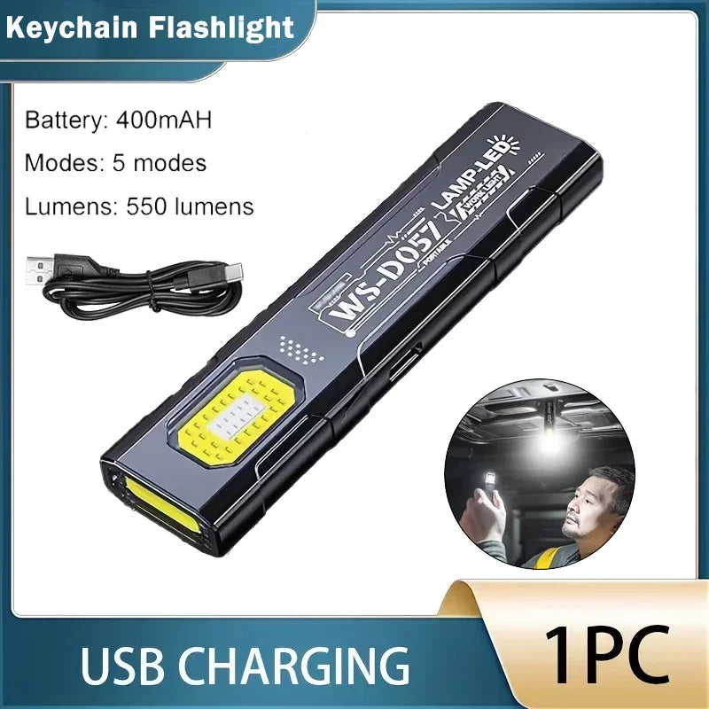 Rechargeable LED Keychain Flashlight - Mini USB-C Torch with COB Work Light and Magnet