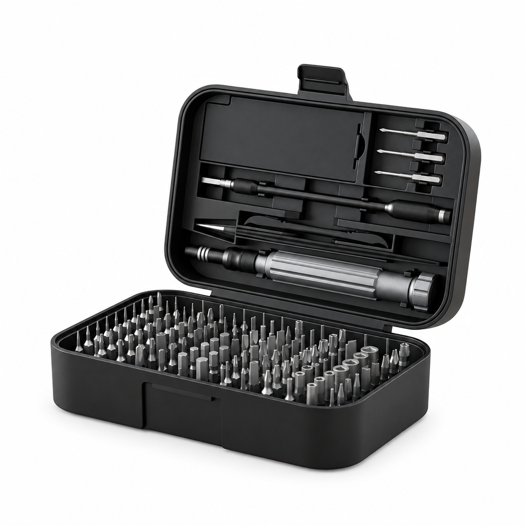 All-black repair kit on a white background