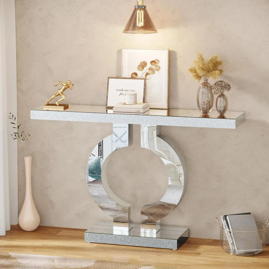 Silver Mirrored Console Table with O-Shaped Base