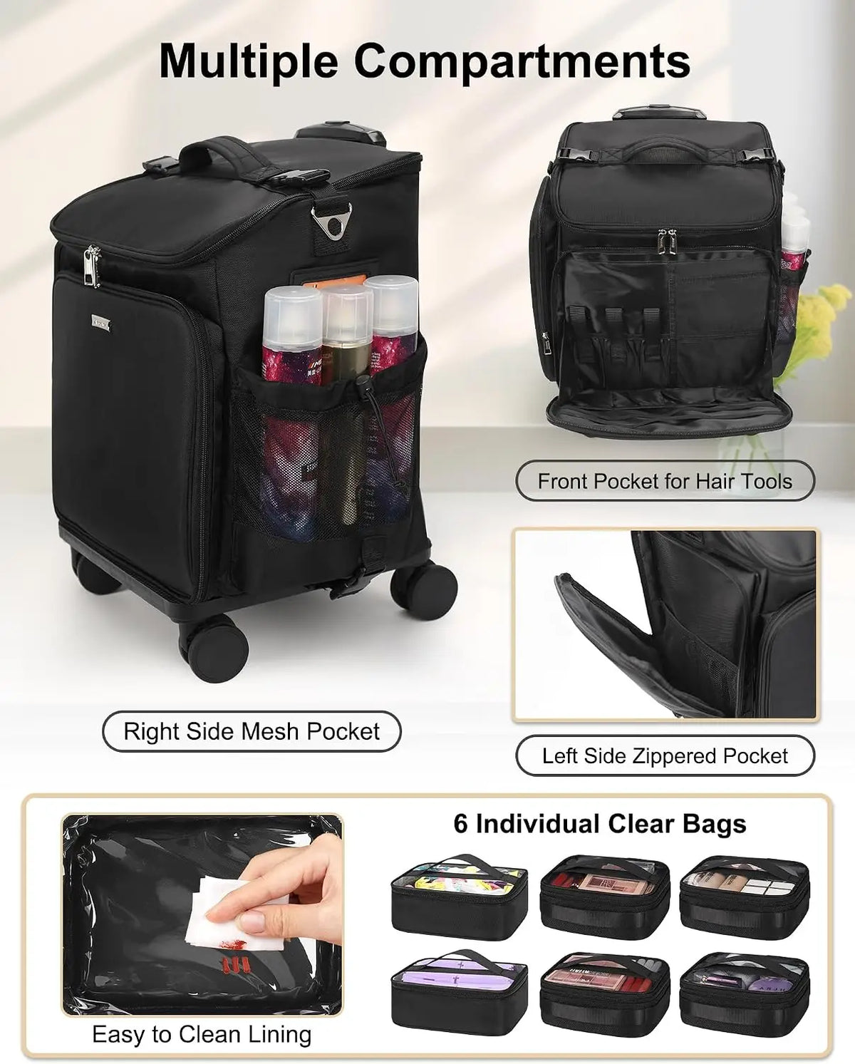Professional Rolling Makeup & Hair Tools Trolley Case | Hairstylist Travel Bag on Wheels with 6 Clear Bags
