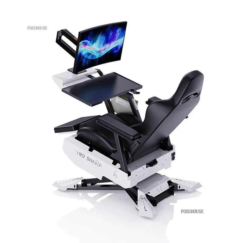 Reclining Gaming Workstation Cockpit with Monitor Stand & Work Tray