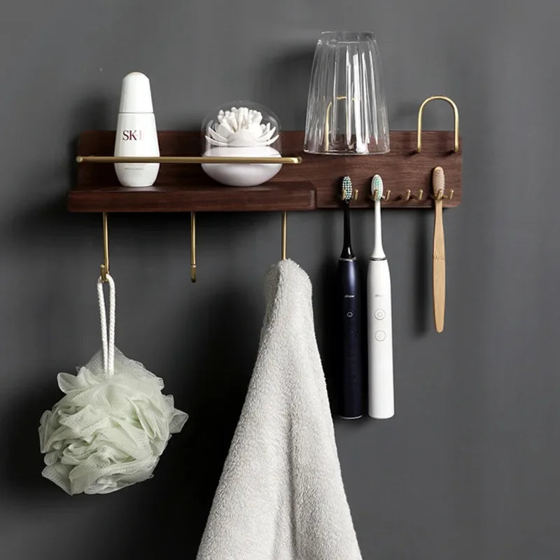 Black Walnut Electric Toothbrush Holder Multi Functional Wall-Mounted Gargle Cup and Paper Towel Storage Rack for Bathroom