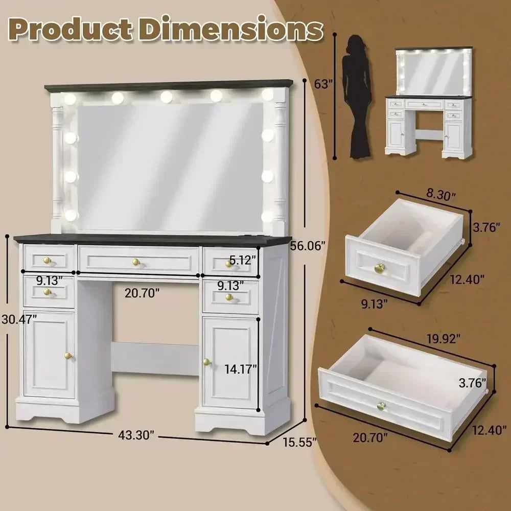 LED Vanity Desk with Mirror & Lights – 5 Drawers, 2 Cabinets & Charging Station