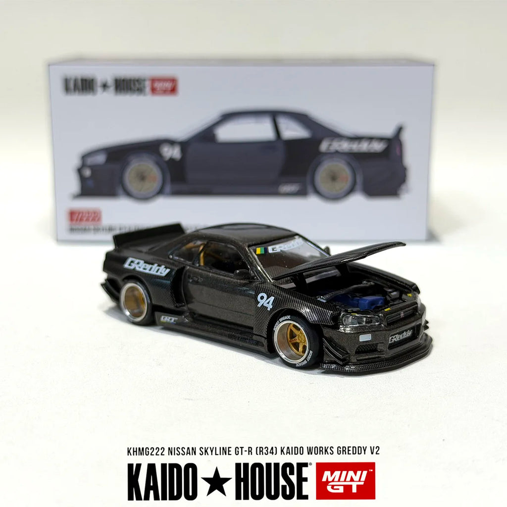 Mini GT x Kaido House 1:64 Nissan Skyline GT-R R34 Kaido Works Greddy V2 Full Carbon Diecast Car Model Item#KHMG222 In Stock