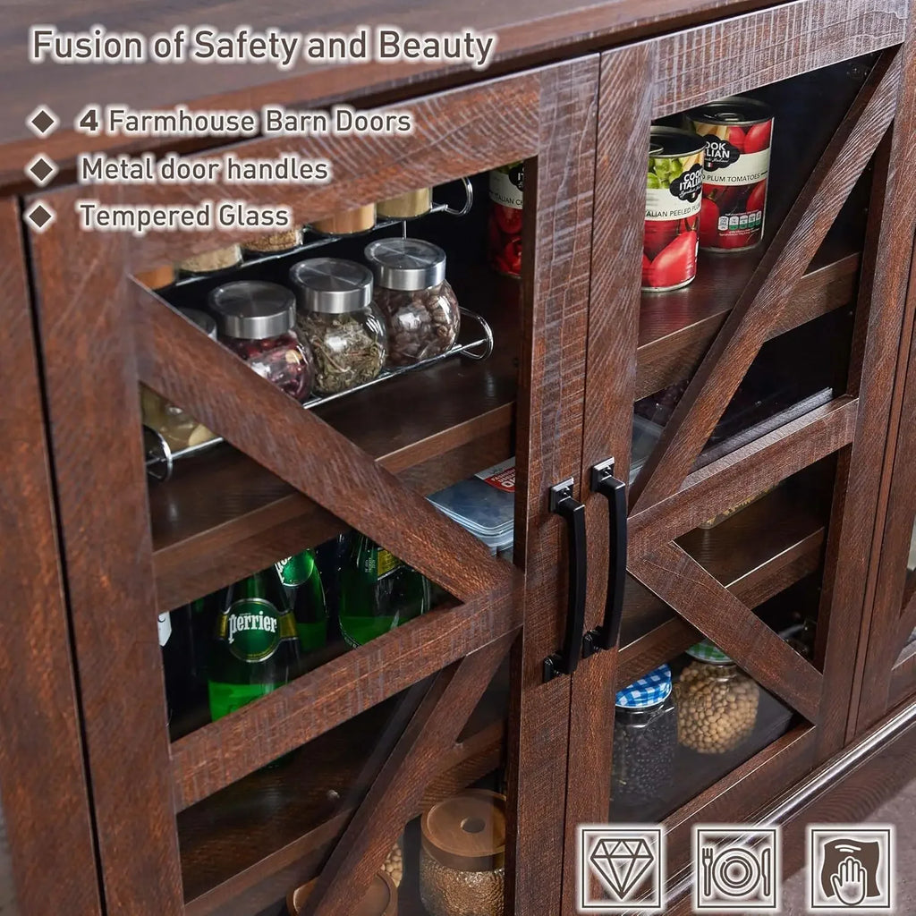 Rustic Buffet Sideboard with 4 Glass Doors & Adjustable Shelves