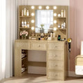 Rattan Vanity Desk with Mirror, Lights & 6 Drawers