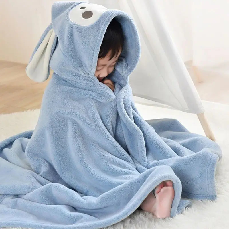 Boys Girls Hooded Bath Towel Cape Thick Coral Fleece Absorbent Wearable Baby Blanket for Nap