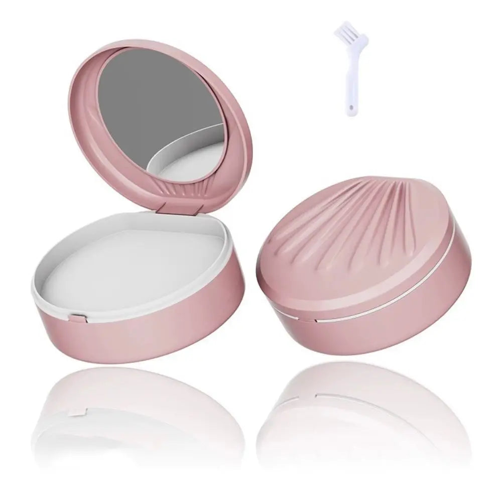Double Layer Orthodontic Retainer Case Mouthguard with Mirror Denture Bath Storage Box Shell Shaped Cleaning Tooth