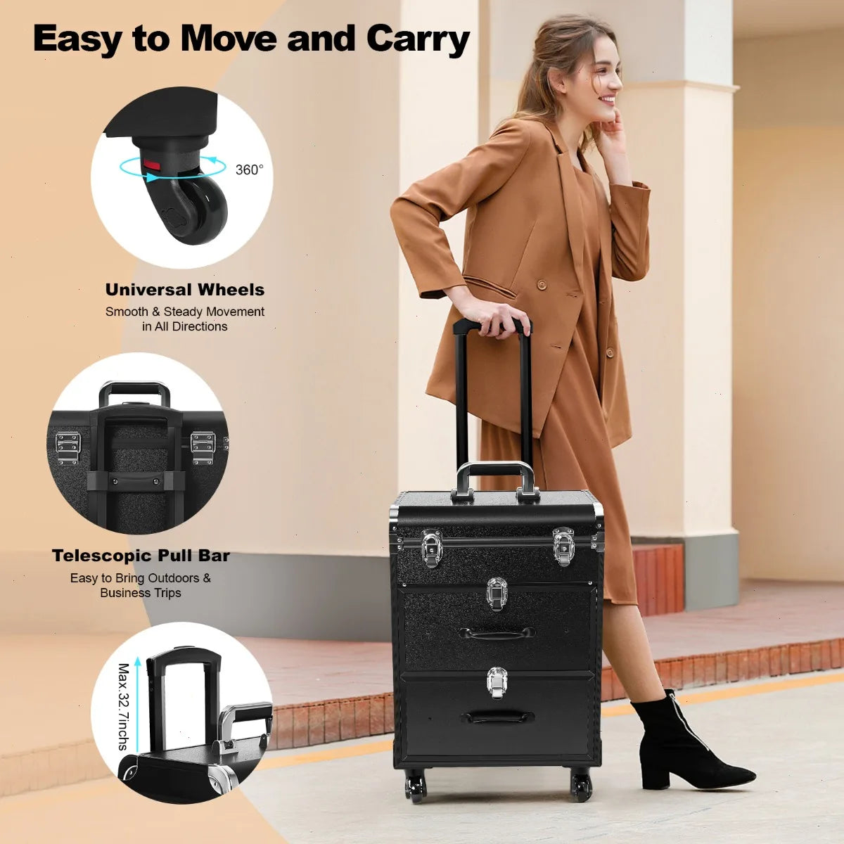 3-Tier Rolling Makeup Train Case with Wheels
