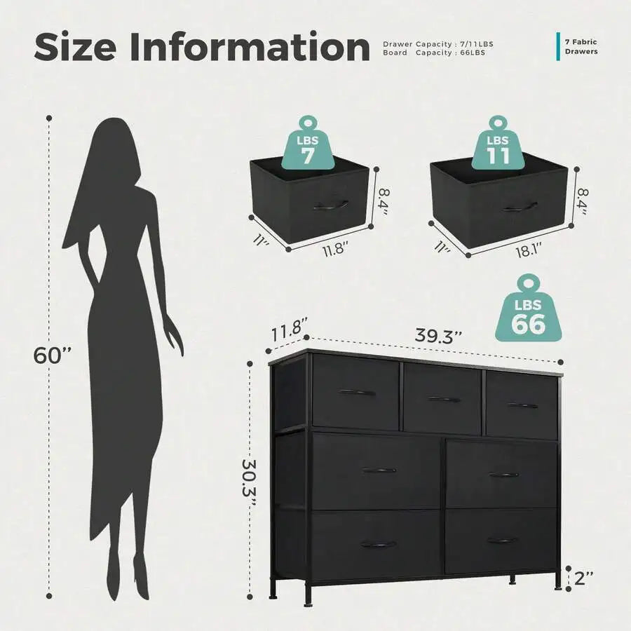 Dresser For Bedroom With 7 Fabric Drawers, Chest Organizer Units For Clothing, Closet, Guestroom, Storage Tower With Cabinet, Me