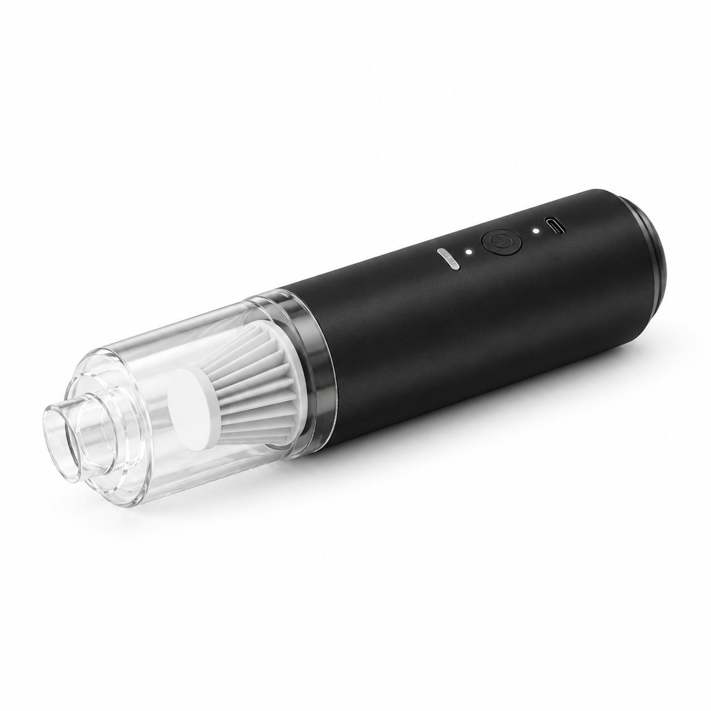 Black handheld vacuum on white
