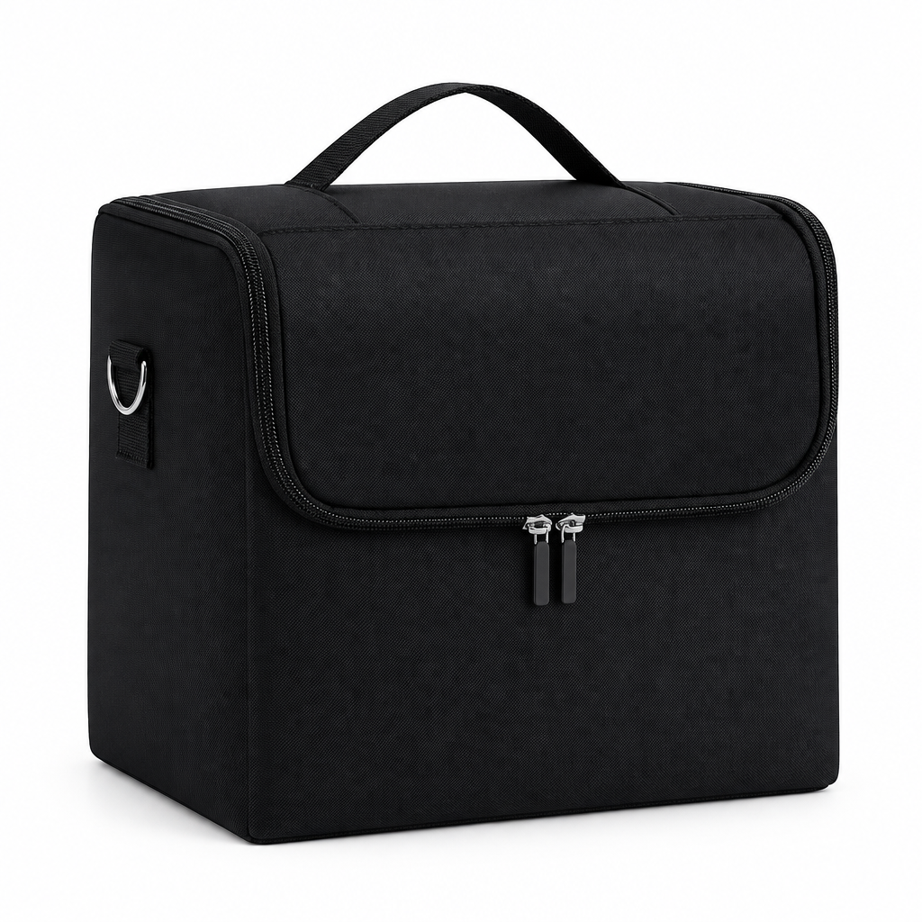 Black makeup train case studio hero on white background