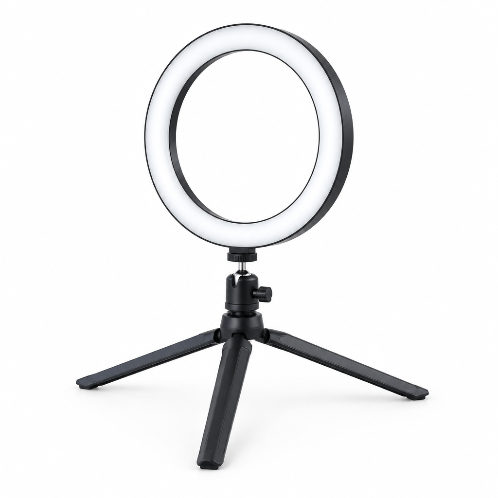 Black ring light on a tripod against a white background