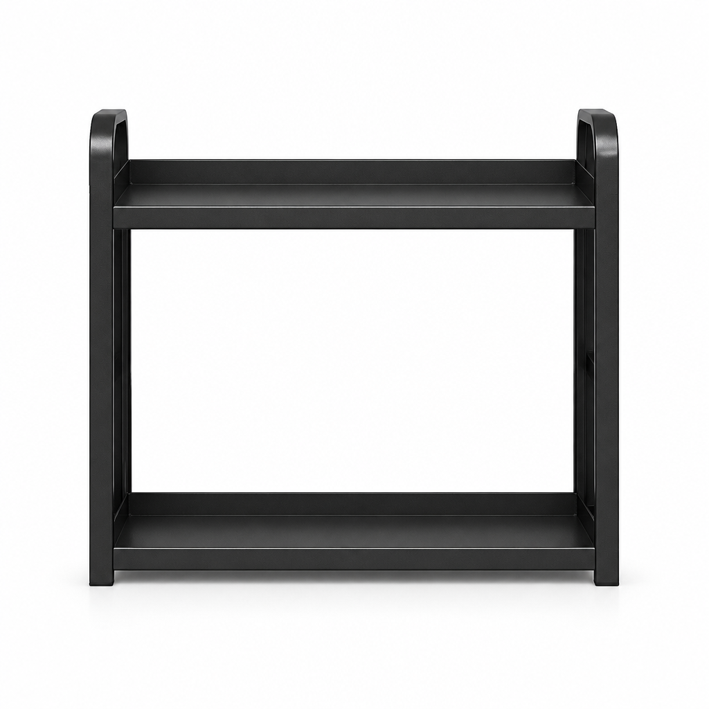 Black two-tier shelf on a white background