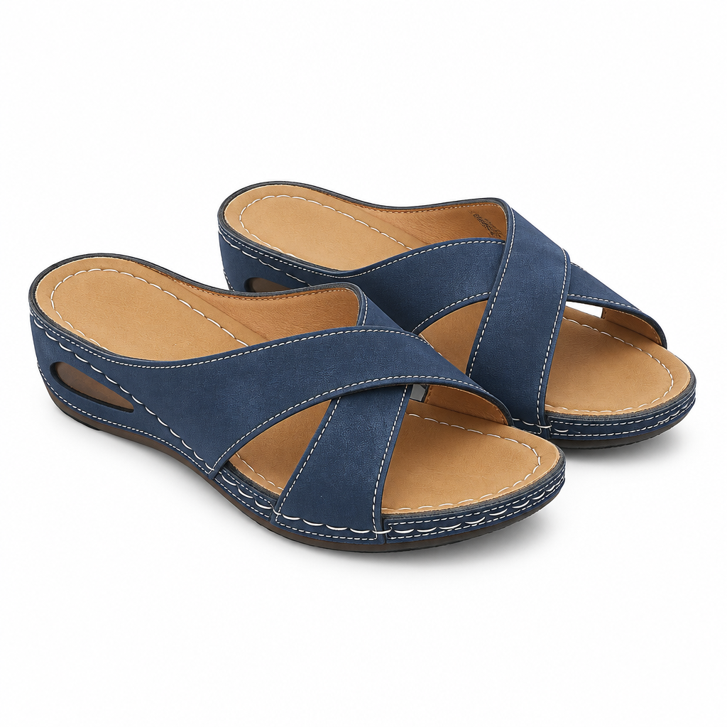 Blue cross-strap wedge sandal hero