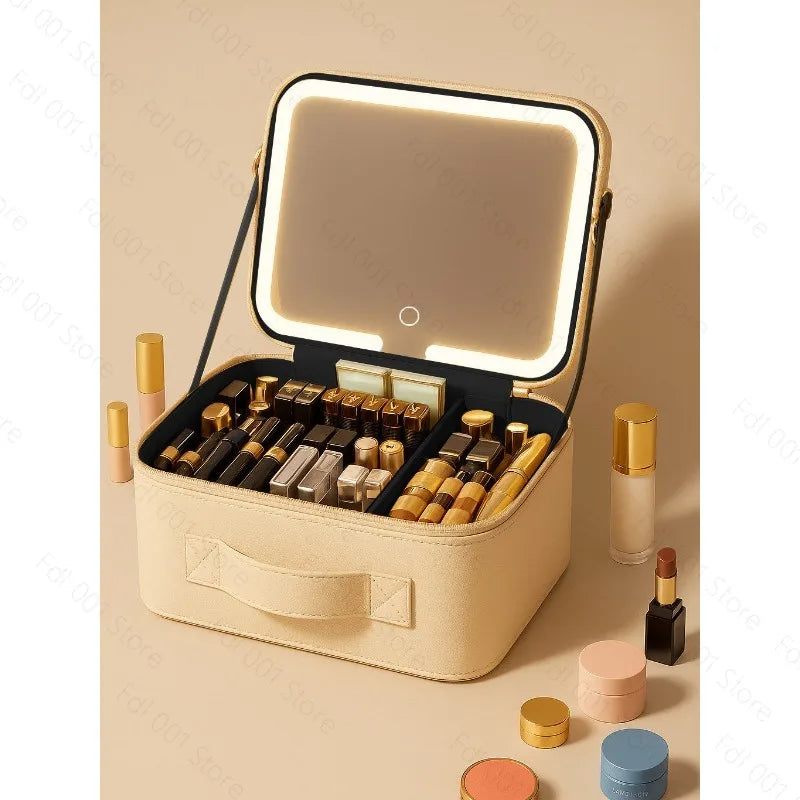 LED Lighted Makeup Case with Mirror | Large Capacity Travel Cosmetic Organiser