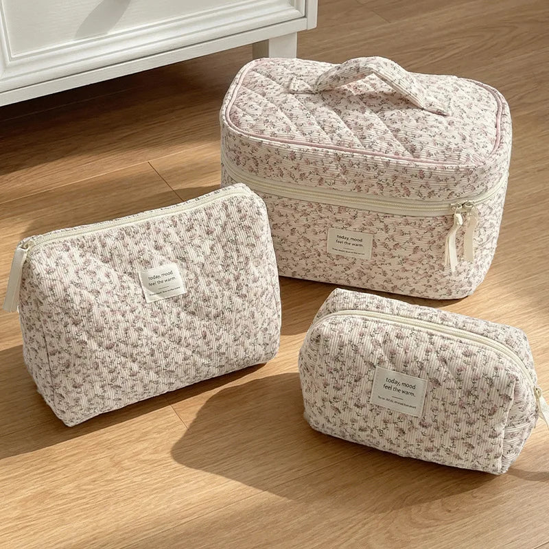Gentle pink floral corduroy cosmetic  padded cotton large capacity storage  travel wash  pencil  bag