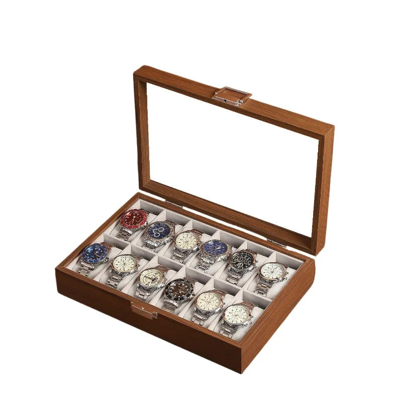 Wood-Grain Watch Display Box with Multiple Grid Options