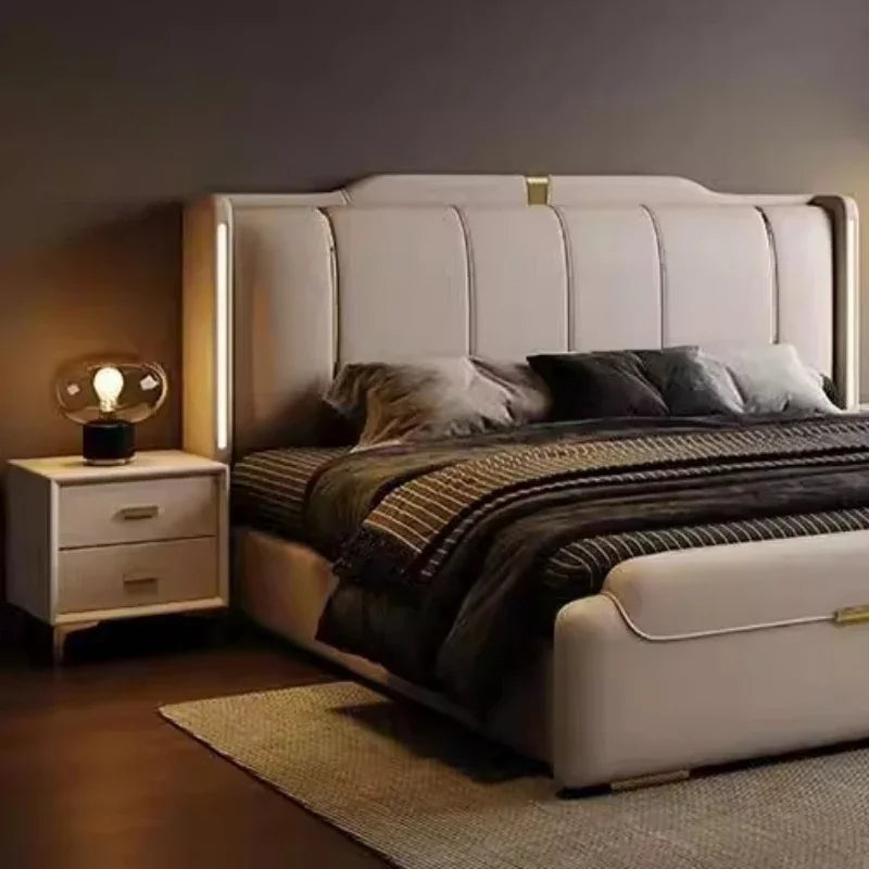 Nappa Leather Bed King Size Luxury 2 People Bed Soft Backrest Headboard Full House Furniture Bedroom Sets Full Set Furniture