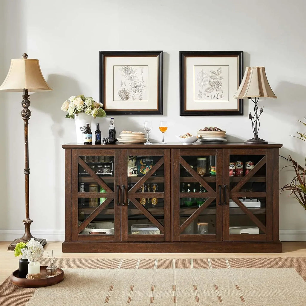 Rustic Buffet Sideboard with 4 Glass Doors & Adjustable Shelves