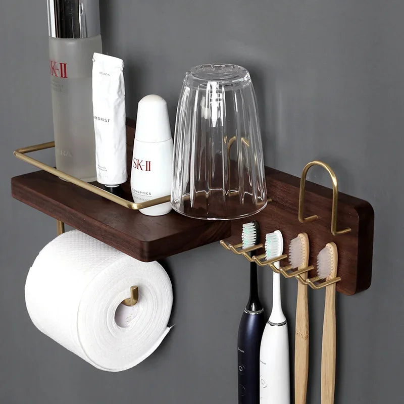 Black Walnut Electric Toothbrush Holder Multi Functional Wall-Mounted Gargle Cup and Paper Towel Storage Rack for Bathroom