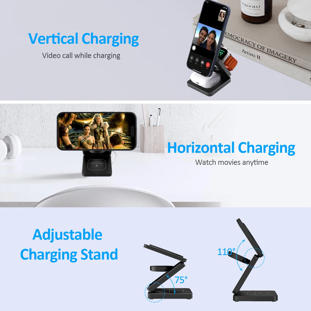 Qi2 3-in-1 Magnetic Wireless Charging Stand for iPhone, Apple Watch & AirPods