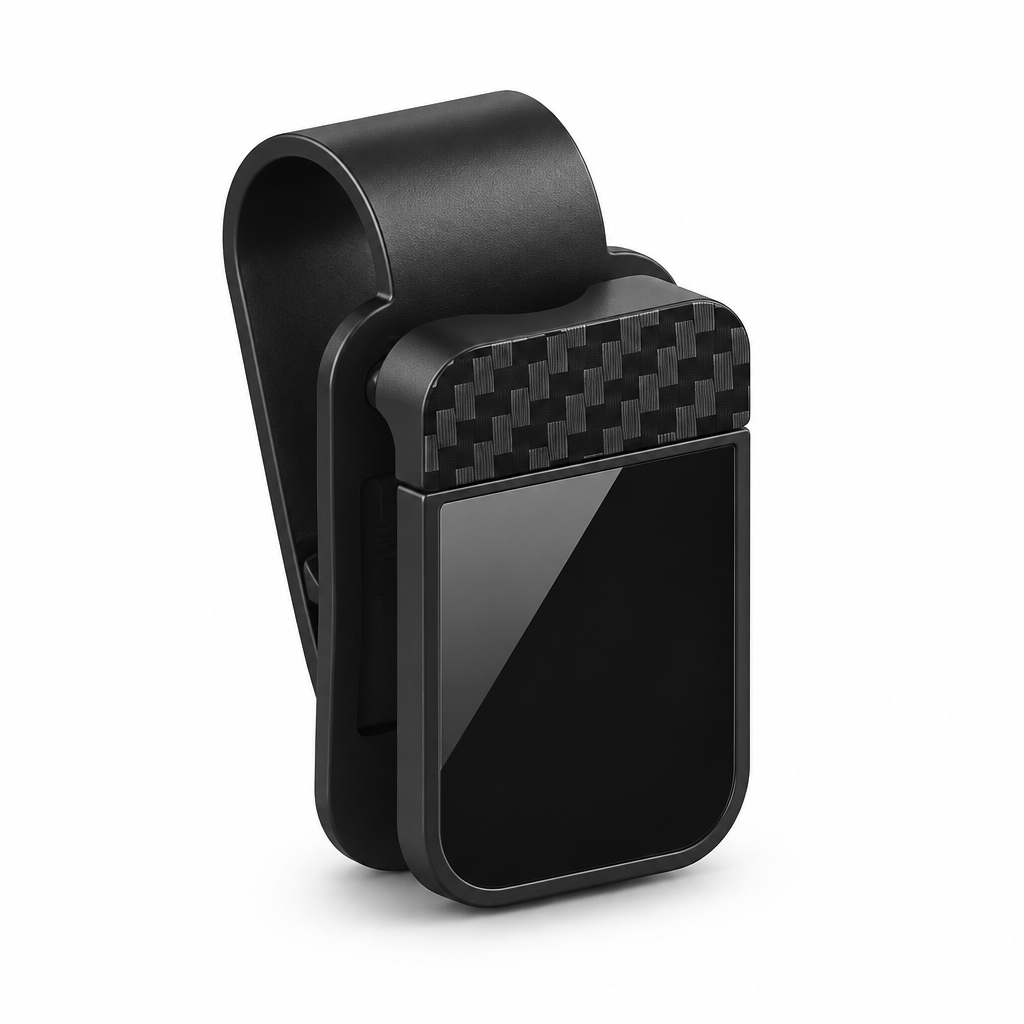 Clean hero image of the black car sun visor sunglasses clip