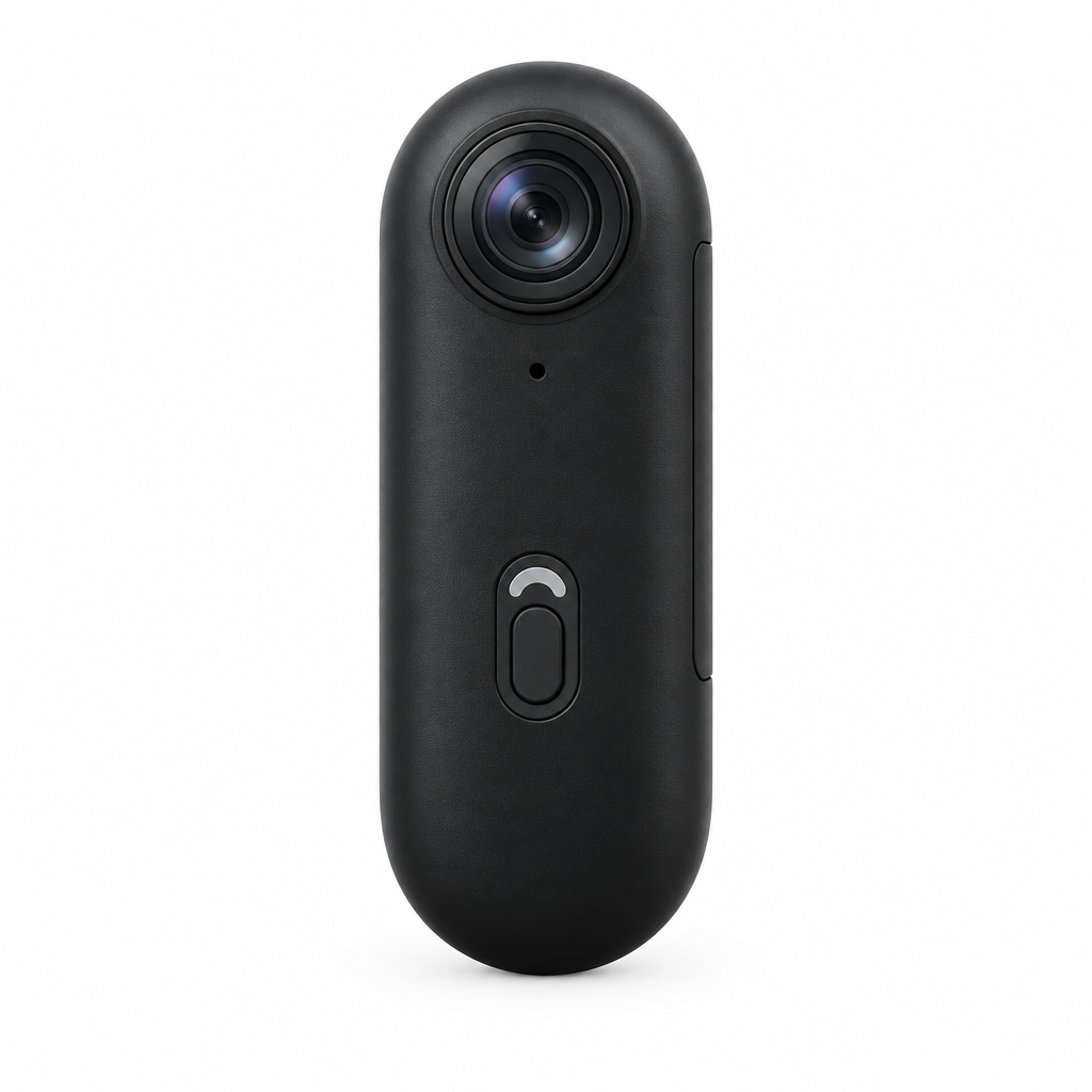 Clean white-background hero shot of the black mini action camera