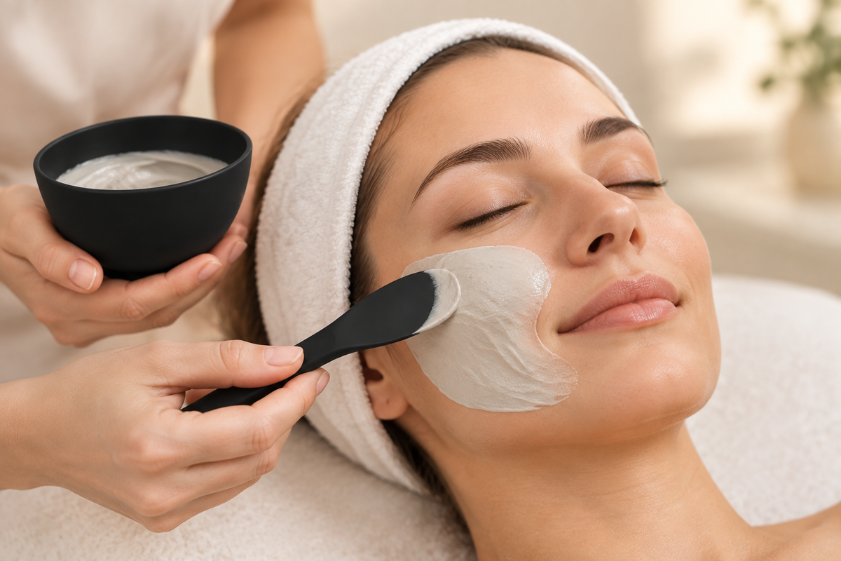 Close-up lifestyle skincare image with facial mask application