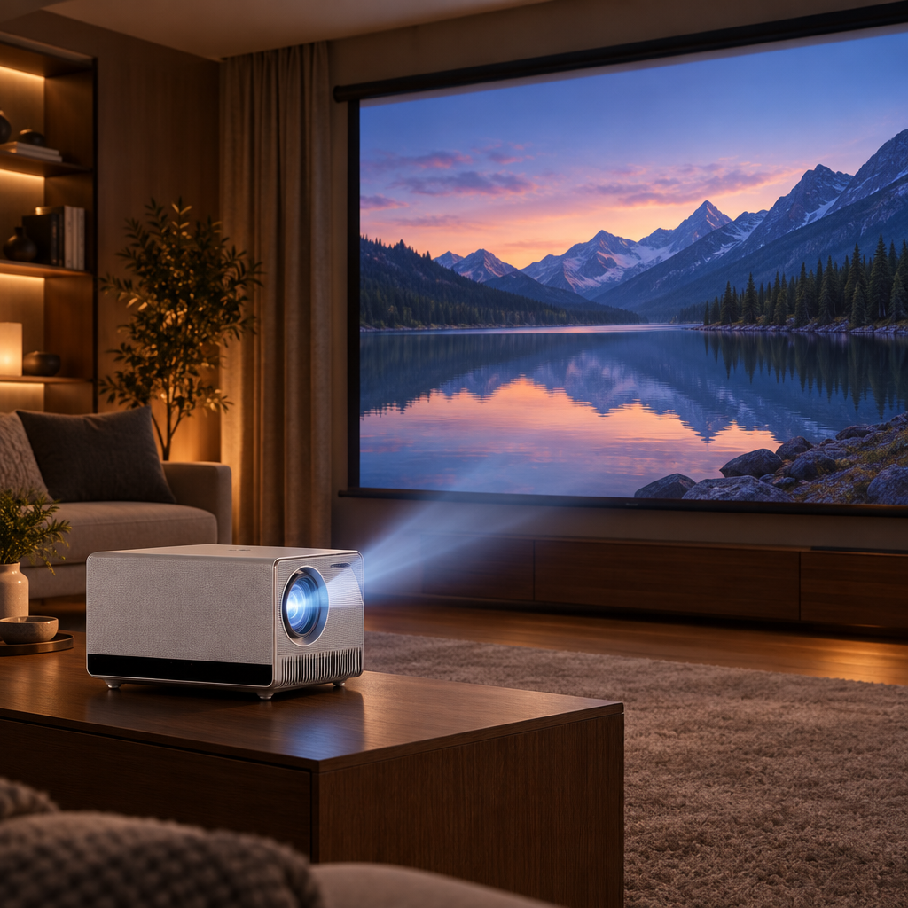 CRE U1 projecting onto a screen in a living room