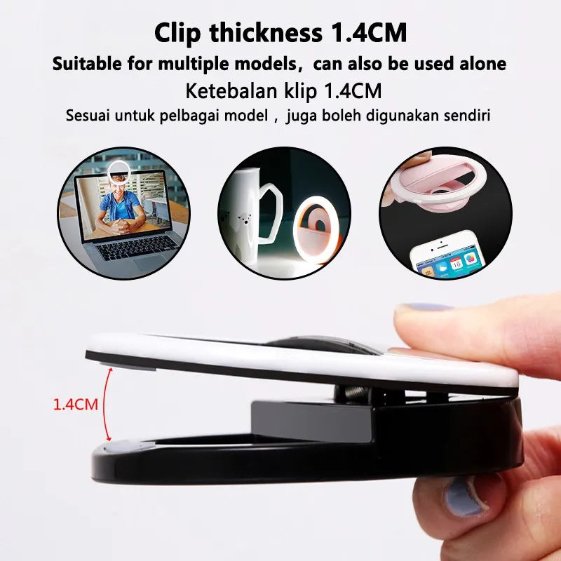 USB Clip-On Selfie Ring Light - 3 Brightness Levels for Phone & Tablet