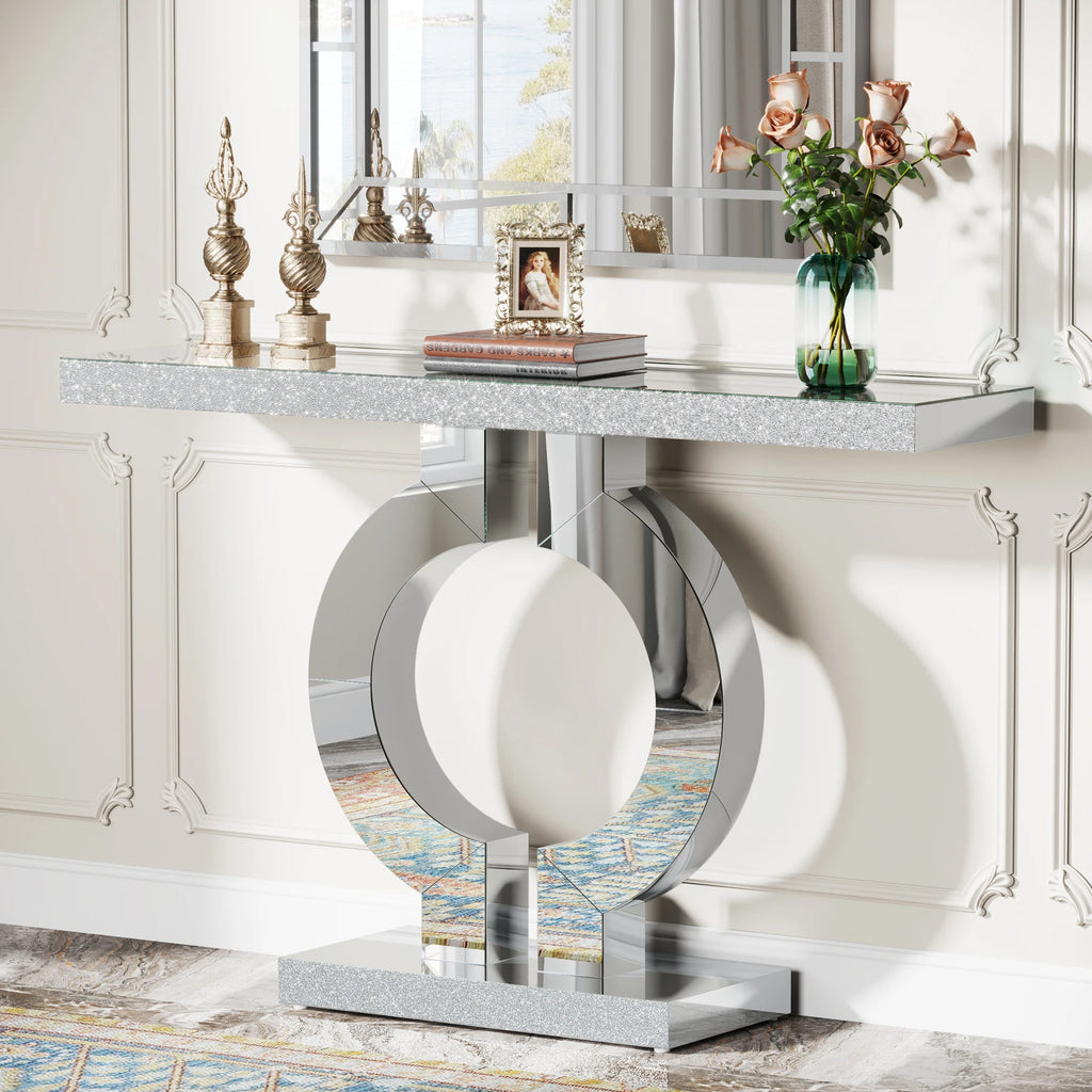 Silver Mirrored Console Table with O-Shaped Base
