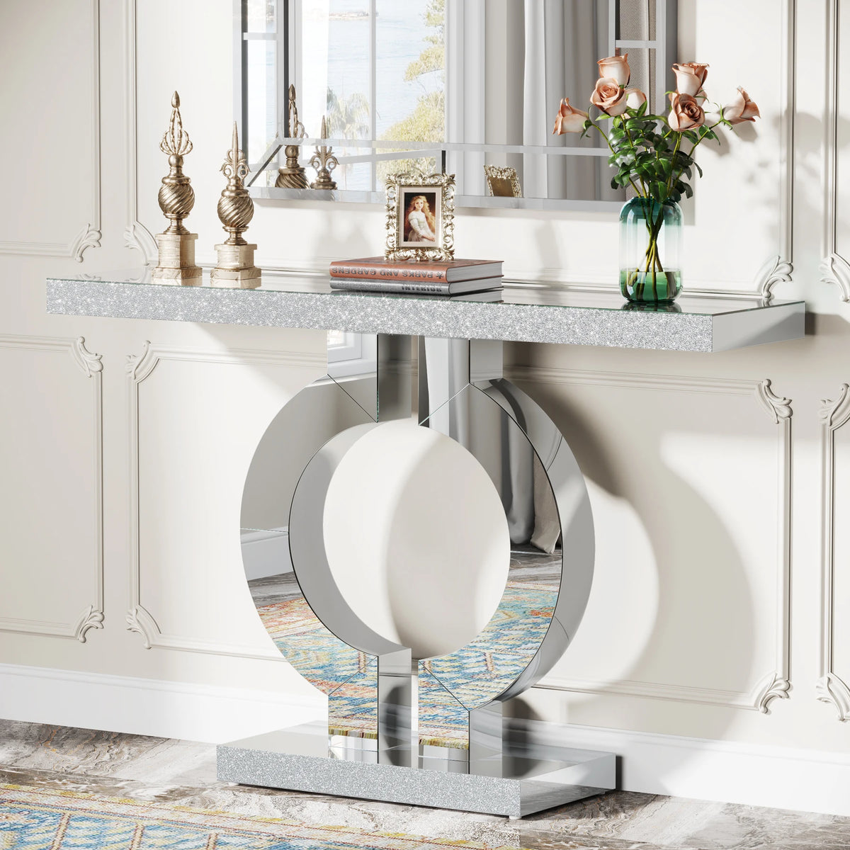 Silver Mirrored Console Table with O-Shaped Base