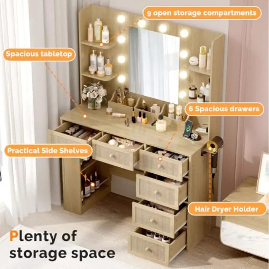 Rattan Vanity Desk with Mirror, Lights & 6 Drawers