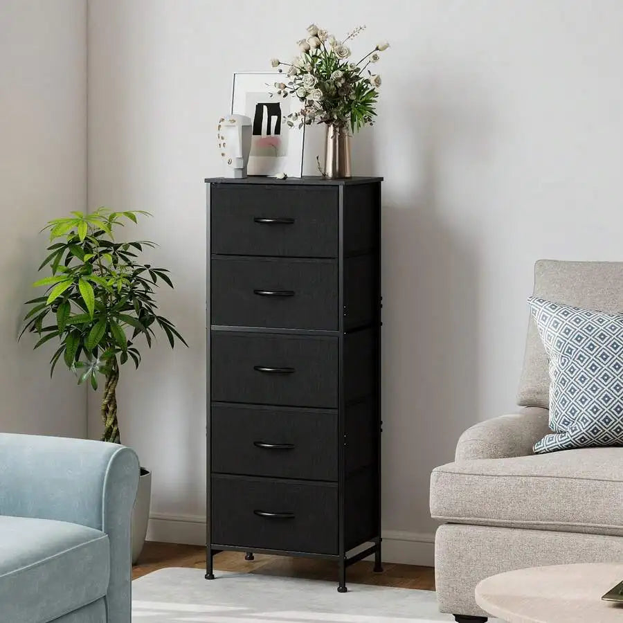 5 Drawer Dresser With Fabric Bins, Sturdy Steel Frame And Wood Top, Storage Organizer Chest For Bedroom, Closet, Hallway, Black