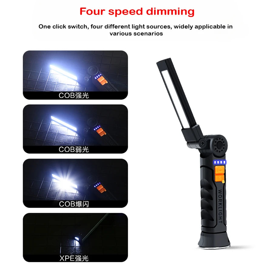 Folding COB LED Work Light - USB Rechargeable Magnetic Inspection Lamp with Hook