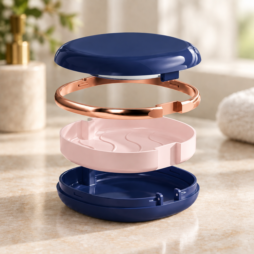 Dark-blue retainer case exploded view in a bathroom setting